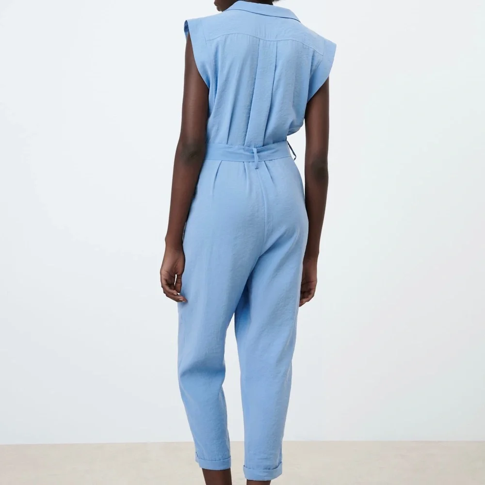 NWT Zara blue short sleeve buttoned up jumpsuit with a tie - Picture 9 of 15